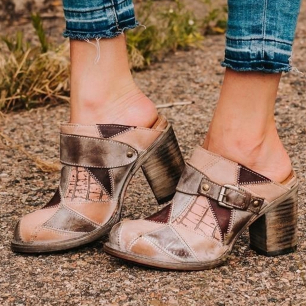 Freebird by Steven Beetle Patchwork Leather Clogs in Brown Multi Size 8